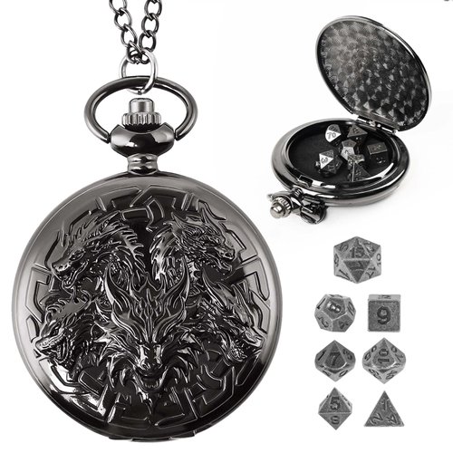 Banloga D&D Dice Set,7PCS Metal Dice Set for Dungeons and Dragons,Mini Dice Set with Pocket Watch Case,Role Playing Board Games Accessories (Dragon, Black)