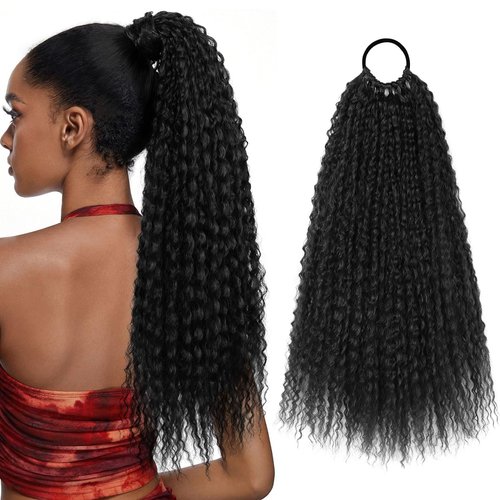 JWLFLOWXISS Ponytail Extension, 20 Inch Elastic Band Ponytail Hair Extensions Long Curly Fake Pony Tail Wrap Around Ponytail Extension Synthetic Hairpieces for Black Women