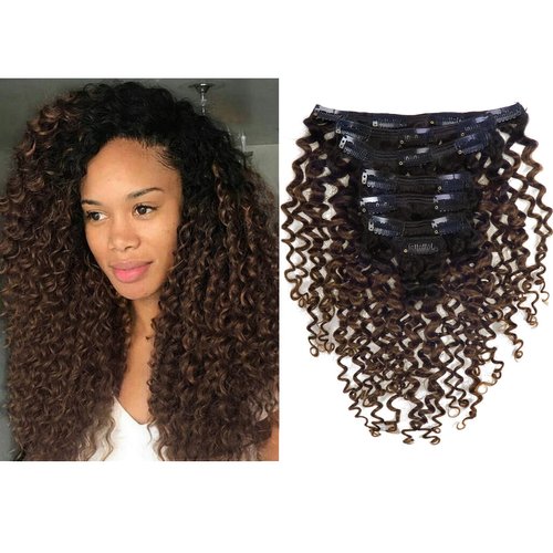 Clip in Human Hair Extensions Afro Jerry Curly 3B 3C Real Hair Clip in Extensions For Black Women Natural Black Colour 100% Brazilian African American Hair Extensions (60cm , Jerry Curly 1B/4)