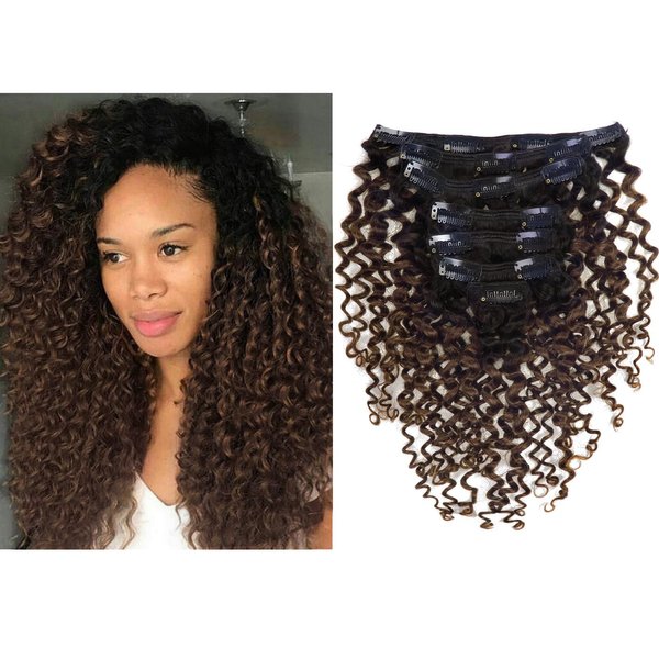 Clip in Human Hair Extensions Afro Jerry Curly 3B 3C Real Hair Clip in Extensions For Black Women Natural Black Colour 100% Brazilian African American Hair Extensions (60cm , Jerry Curly 1B/4)