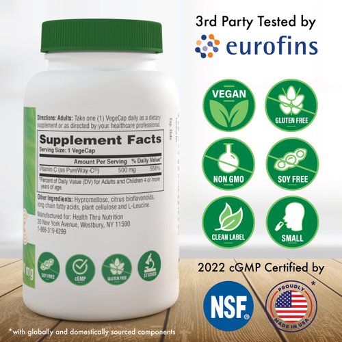 Health Thru Nutrition Vitamin-C 500mg as PureWay-C 360 Vegecaps Superior Absorption | Healthy Immune Function and Collagen Support | 3rd Party Tested | Vegan, Non-GMO and Gluten Free