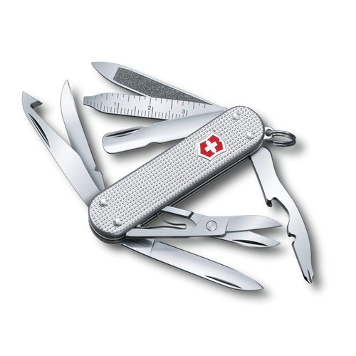 Victorinox Mini Champ Alox Swiss Army Knife, Compact 15 Function Swiss Made Pocket Knife with Orange Peeler, Cuticle Pusher and Blade – Silver