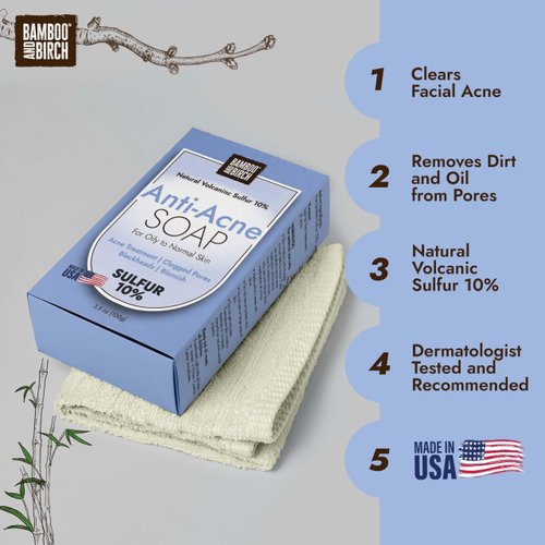 BAMBOO AND BIRCH Sulfur Soap Bar, Face and Back Acne Treatment, Sulfur 10%, 3.0 Oz Acne Soap Bar, Cleaner Bar Soap with Salicylic Acid Helps You Reduce Oil Excess and Acne Pimples for All Skin Types