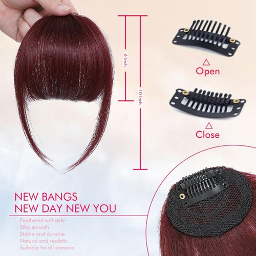 ELEFOCUS Clip in Bangs Real Human Hair Burgundy 100% Human Hair French Bangs Fake Bangs Hair Clip on bangs for women Fringe with Temples Hairpieces Curved Bangs for Daily Wear