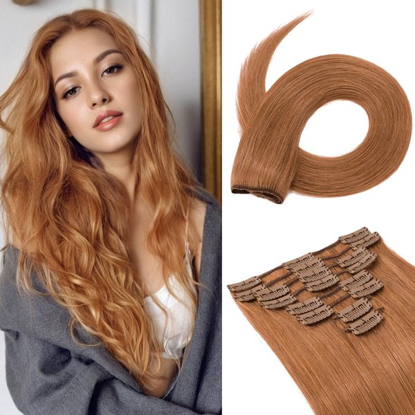 Benehair Clip in Hair Extensions Real Human Hair Natural Full Head 16inch 8pcs Real Hair Extensions Long Straight Remy Auburn Hair Extensions Clip in Human Hair for Women #30 Light Auburn