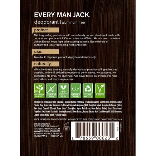 Every Man Jack Men's Natural Deodorant - Sandalwood | 3-ounce Twin Pack - 2 Sticks Included | Naturally Derived, Aluminum Free, Parabens-free, Pthalate-free, Dye-free, and Certified Cruelty Free