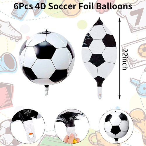 22 Inch 4D Soccer Foil Balloons, 6Pcs Soccer Party Decorations Football Shape Mylar Foil Balloons World Cup 2022 Decor for Boys Kids Soccer Ball Fans Sport Theme Birthday Party Decorations Supplies