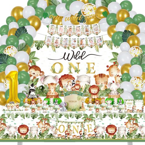 Wild One party Decorations, 150 Pcs Jungle Animal Party Supplies Decor for Boy Girl Birthdays with Banners Cake Topper Cupcake Topper Cupcakes Wrappers Balloons Backdrop Tablecloth Centerpieces