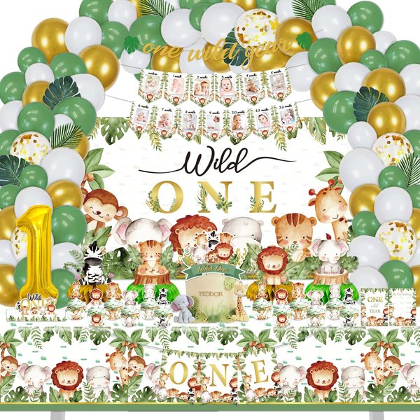 Wild One party Decorations, 150 Pcs Jungle Animal Party Supplies Decor for Boy Girl Birthdays with Banners Cake Topper Cupcake Topper Cupcakes Wrappers Balloons Backdrop Tablecloth Centerpieces
