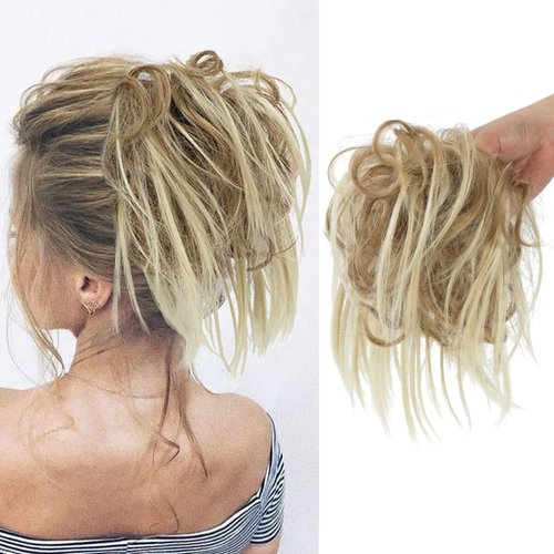 KETHBE Messy Bun Hair Piece,Synthetic Tousled updo Hair Buns Hair Piece Short Ponytail Faux Hair Scrunchie with Elastic Rubber Band Hair Bun Pieces for Women (Light Golden Brown Mix Bleach Blonde)
