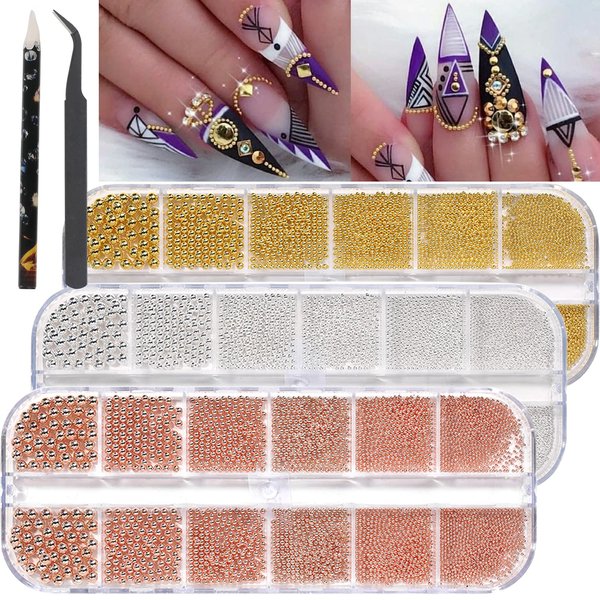 Nail Art Beads Gold Silver Rose Gold Mini Caviar Beads 3D Nail Art Metal Ball Nail Art With Nail Micro Beads Nail Art DIY Craft Decorative Accessories Set