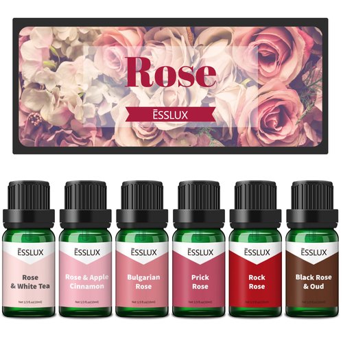 Rose Fragrance Oil, ESSLUX Floral Scented Oils for Home for Diffuser, Soap Candle Making Scents, Essential Oils Gift Set - Bulgarian Rose, Black Rose & Oud, Rock Rose and More