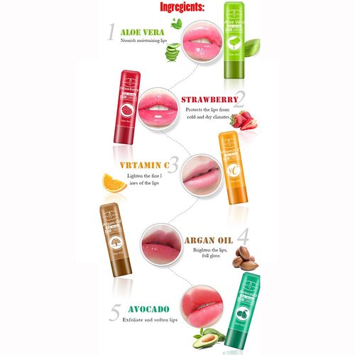 DISAAR Beauty Lip Balm Nourishing Lipstick Waterproof Moisturizing Hydrating Color Changing Aloe Vera Strawberry Avocado Argan Oil Vitamin С 4 ML - 5 PCS