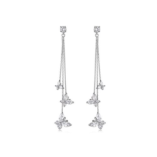 Crystal Butterfly Pendant Tassel Earrings Long Zircon Butterfly Drop Dangle Earrings Jewelry for Girls Women (Crystal Butterfly Earrings-Silver)