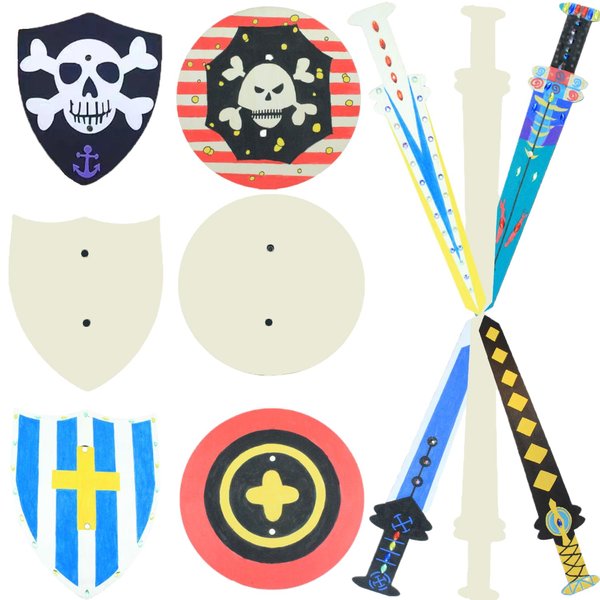 12 Piece Knight Set for Kids Kids DIY Shield Set Wooden Sword Shield Set Wooden Crafts Blank Shield and Sword, Kids Party, Knight Crafts Comes with Diamond Paint and Acrylic Pen