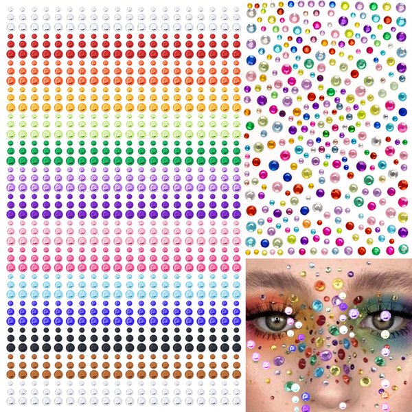 1250 PCS Self Adhesive Rhinestones Stickers for Makeup Face Hair Gems Rainbow Rhinestones Face Jewels Stick on Bling Diamond Stickers Nail Art Festival Decorations Cell Phone DIY Crafts (3/4/5mm)