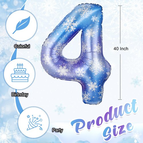 Lunmon 40 Inch Blue Snowflake Balloon Number 3 Snowflake Balloon Snowflake Birthday Balloons Decorations for Girls Birthday Snowflake Themed Party Supplies Winter Party Decorations(Number 4)