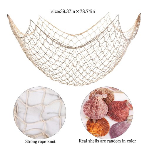 Raeasily Fish Net Wall Decor with Shells - Fishing Net Decorative Nautical Mediterranean Style Cotton Photo Hanging Display Frame for Christmas Birthday Party Decorations Ornaments 79 x 40 Inch
