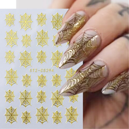 8 Sheets Halloween Nail Art Stickers Decals Spider Web Nail Stickers 3D Self-Adhesive White Black Gold and Silver Glitter Spider Web Designs Nail Decals Decorations for Women Halloween Nail Charms