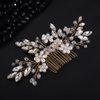 Teyglen Flower Pearl Bride Wedding Hair Comb Gold Crystal Hair Comb Bridal Hair Piece Decorative Hair Accessories for Bride Rhinestone Headpiece for Women Grils (Gold)
