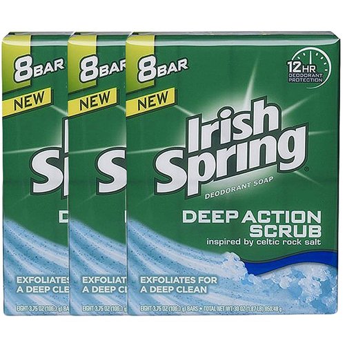 Irish Spring Deep Action Scrub Deodorant Bar Soap, 3.75 oz bars, 8 ea (Pack of 3)