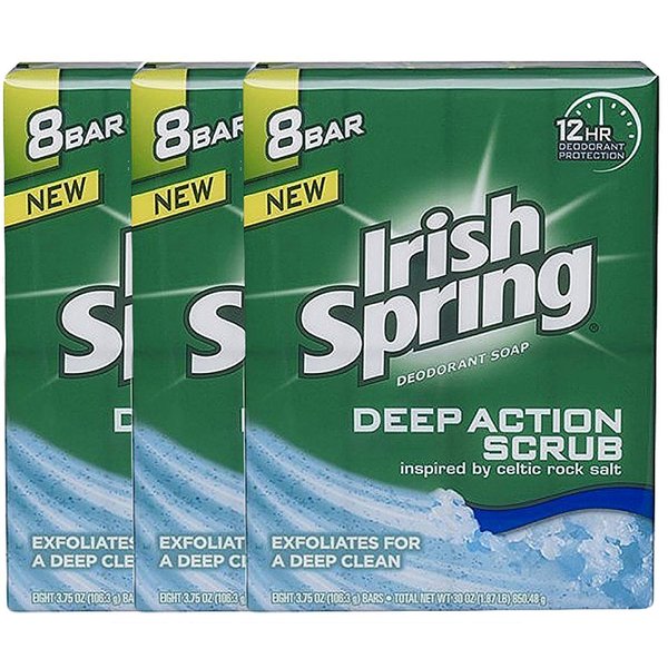 Irish Spring Deep Action Scrub Deodorant Bar Soap, 3.75 oz bars, 8 ea (Pack of 3)