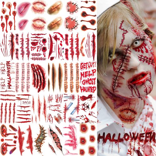 VANTATY 215+ PCS 30 Sheets 3D Fake Scars Tattoo Temporary Halloween Makeup Kit, Fake Stitches Tattoos Cut Scary Face Wound Blood Chucky Scars Tatoos For Kids Women Men Boys Girls Zombie Sticker