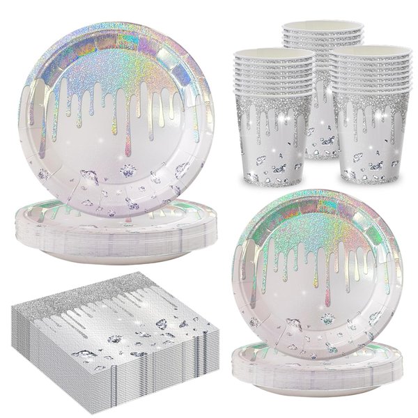 96pcs Silver Glitter Plates Napkins Diamonds Birthday Party Supplies Silver Glitter Party Decorations Disposable Paper Tableware Set Cups Dessert Anniversary Tableware Set for 24 Guests