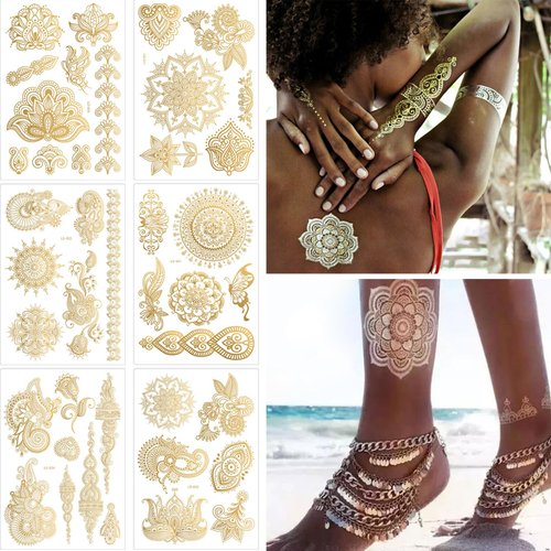 Golden Henna Temporary Tattoos for Women Lace Sexy Flower Henna Fake Tattoos Semi Permanent Henna Tattoos Stickers Waterproof for Makeup Wedding Festivals Party Supplies 6Sheets(gold)