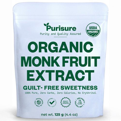 Purisure Organic Monk Fruit Extract, 125g, 400 Servings, Organic Pure Monk Fruit Sweetener Without Erythritol, Non-Glycemic, Zero-Calorie, Zero-Carb, Powdered Monkfruit Sweetener for Keto and Paleo