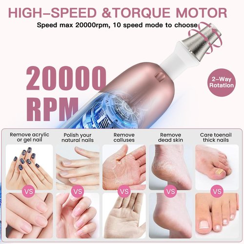 Electric Nail File Set, 9 in 1 Professional Manicure and Pedicure Kit, Cordless Nail Drill for Feet, LCD Display 10 Speeds Electric Nail Drill Machine, Hand Foot Care Tool for Christmas Gifts