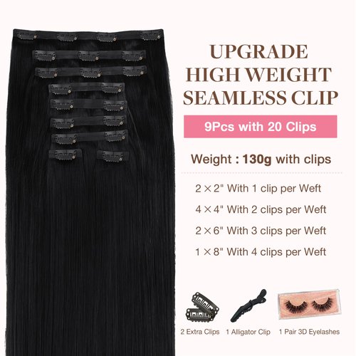 GOO GOO Clip in Hair Extensions Real Human Hair, 16inch 130g 9Pcs, 1 Jet black, Remy Human Hair Extensions Clip ins for Women, Natural Human Hair