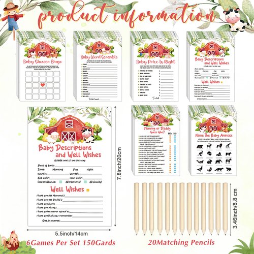 150 Pcs Watercolor Farm Animals Baby Shower Games Set 6 Games with 20 Pieces Pencils for Baby Shower Games Activities Include Baby Descriptions, Guess Who, Baby Price, Bingo Game, Word Scramble Game