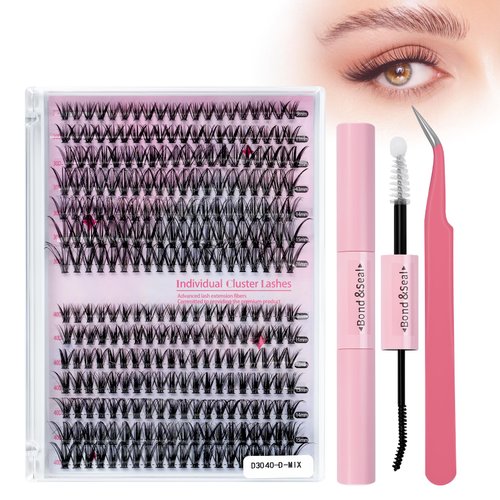 Shmian DIY lash Extension Kit Natural Lash Clusters Kit with 280 PCS C/D Curl 8-16mm Mixed, Individual Lashes Kit with Lash Bond and Seal Tweezers