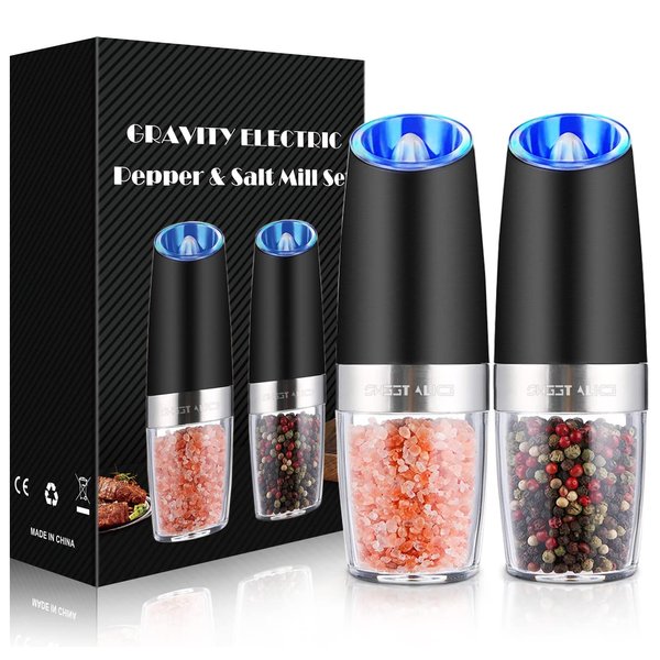 Sweet Alice Gravity Electric Pepper and Salt Grinder Set, Adjustable Coarseness, Battery Powered with LED Light, One Hand Automatic Operation, Stainless Steel Black, 2 Pack