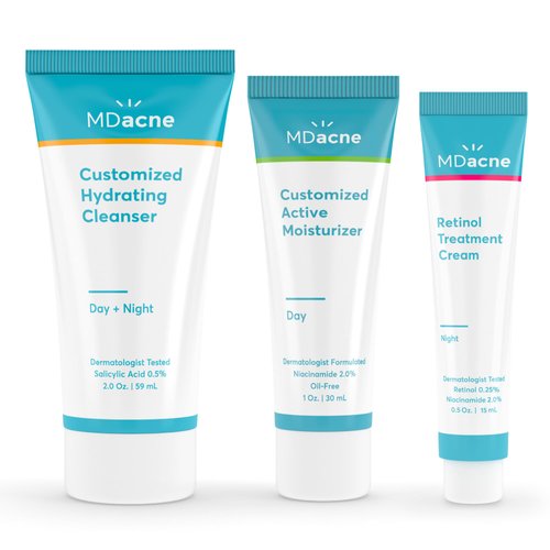 MDacne 3 Step Retinol Acne Kit - Retinol Cream 0.25%, Salicylic Acid Cleanser, Niacinamide Moisturizer - Plant-Based products for Hormonal Acne, Blemishes, and Wrinkles. 30 Day Complete Acne Care Kit