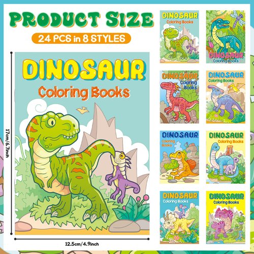 Fulmoon 24 Pcs 8 Styles Mini Dinosaur Coloring Books Dinosaur Party Favors Painting Drawing Coloring Book Total 336 Pages Creative Activity Birthday Supplies, 6.7 x 4.9 in(Dinosaur)