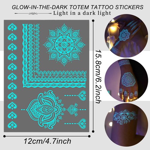 Glow-in Dark Temporary Tattoos Set- 6Sheets Luminous Flower Henna Fake Tattoo Sticker Sexy Lace Henna Waterproof Removable Tattoos for Face Body Night Tattoos Party Supplies Decoration(fluorescence)