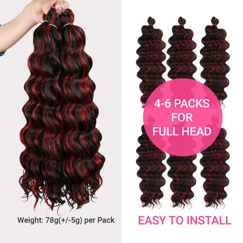 6 packs 20" AU-THEN-TIC Ocean Wave Crochet Hair Deep Wave Braiding Hair Body Wave Braids Synthetic Hair Extensions Kanekalon Fiber (20 Inch (Pack of 6), P1B/BG (Piano Off Black and Burgundy))