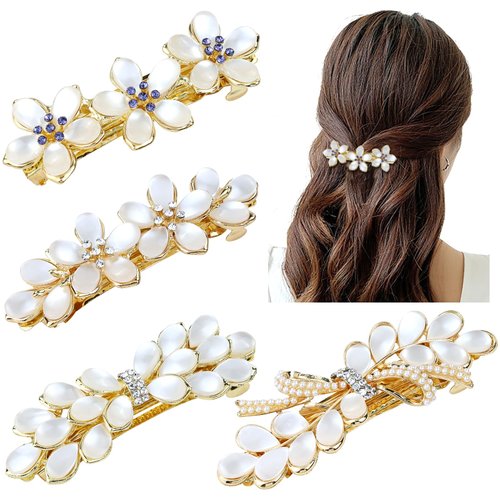 inSowni 4 Pieces Decorative Glitter Opal Rhinestone Pearl Gems Flower Bow French Barrettes Snap Hair Clips Gold Metal Automatic Spring Clips Hairpins Headpieces for Women Girls
