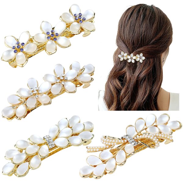 inSowni 4 Pieces Decorative Glitter Opal Rhinestone Pearl Gems Flower Bow French Barrettes Snap Hair Clips Gold Metal Automatic Spring Clips Hairpins Headpieces for Women Girls