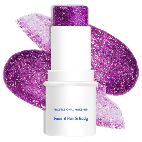 LOKFAR Purple Body Glitter & Face Glitter Makeup Stick, Multiuse Waterproof Face Glitter Gel for Face Body Hair Eye Lip, Holographic Sequins Hair Glitter Face Paint, Mermaid Accessories Makeup