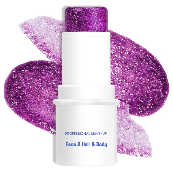 LOKFAR Purple Body Glitter & Face Glitter Makeup Stick, Multiuse Waterproof Face Glitter Gel for Face Body Hair Eye Lip, Holographic Sequins Hair Glitter Face Paint, Mermaid Accessories Makeup