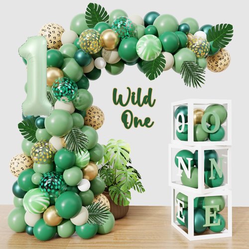 Amandir 110 PCS Wild One Birthday Decorations Balloon Boxes, Sage Green Gold Balloon Garland Arch Kit Number1 Artificial Leaves for Safari Jungle Theme First 1st Birthday Party Supplies Kids Boy Girl