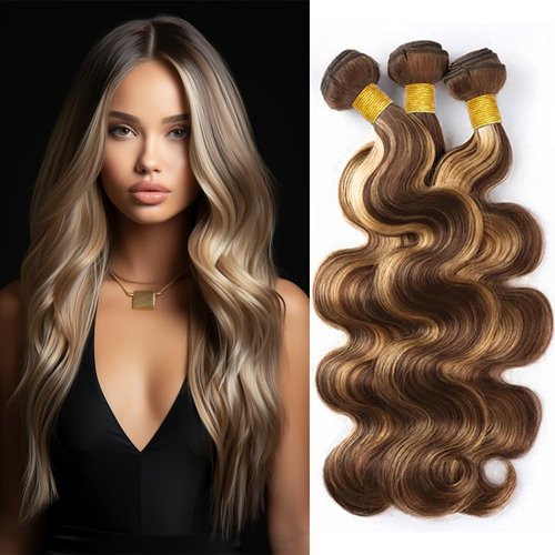 P4/613 Body Wave Bundles Human Hair Ombre Brown and Blonde Body Weave Bundles Double Weft Tow Tone Brazilian Remy Hair Extensions Wet and Wavy Bundles Silky Soft for Black Women (18 20 22 Inch)