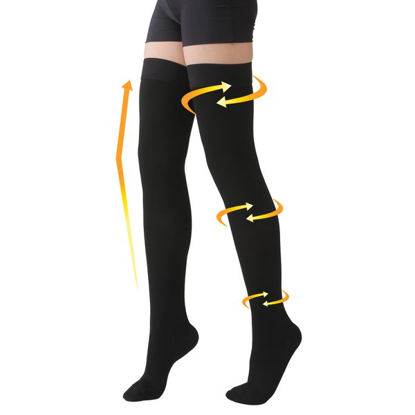 MGANG Medical 20-30 mmHg Compression Stockings for Women & Men, Pair, Closed Toe, Opaque, Thigh Length Hose, Dot Top, Graduated Support for Varicose Veins, Edema, DVT, Swelling, Flight, Black XL