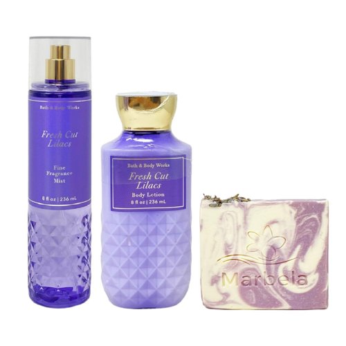 Bath & Body Works Fresh Cut Lilacs Fragrance Mist and Body Lotion Bundle with a Lavender Dream Bar Soap - Full Size