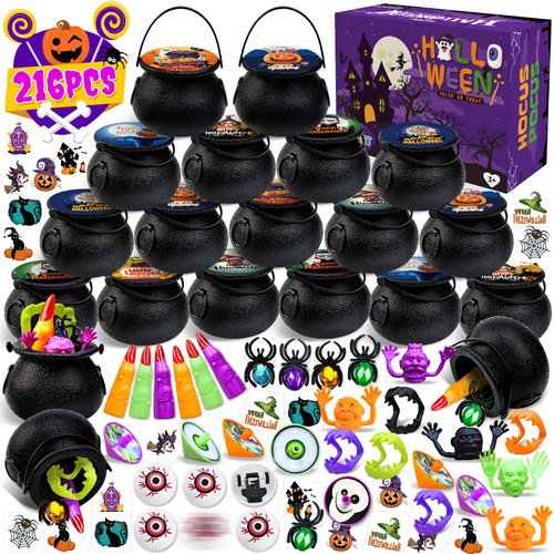 216PCS Halloween Party Favors 24 Pack Prefilled Small Plastic Witch Cauldron Halloween Toys Bulk Halloween Goodie Bag Fillers Halloween Miniatures Classroom Favors Trick or Treat Toy Halloween Prizes