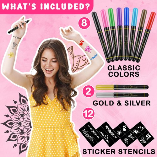 Jim&Gloria Skin Markers Temporary Tattoo Pen 10 Colors With Gold and Silver, Fake Body Paint Tattoos Brush Face Painting Kit Teen Girl Gifts Trendy Stuff Adults & Kids Birthday & Halloween