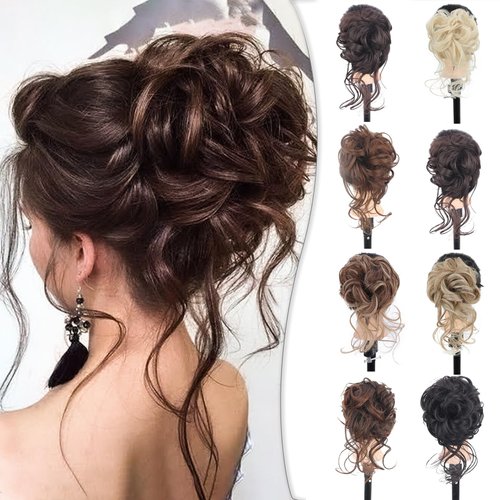 CINHOO Messy Bun Hair Piece for Women with Claw Clip Hair Extensions Dark brown Bun,Curly Wavy Ha...
